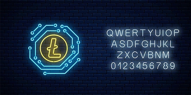 Neon litecoin currency sign with electronic circuit. cryptocurrency emblem with alphabet on dark brick wall background. vector illustration.