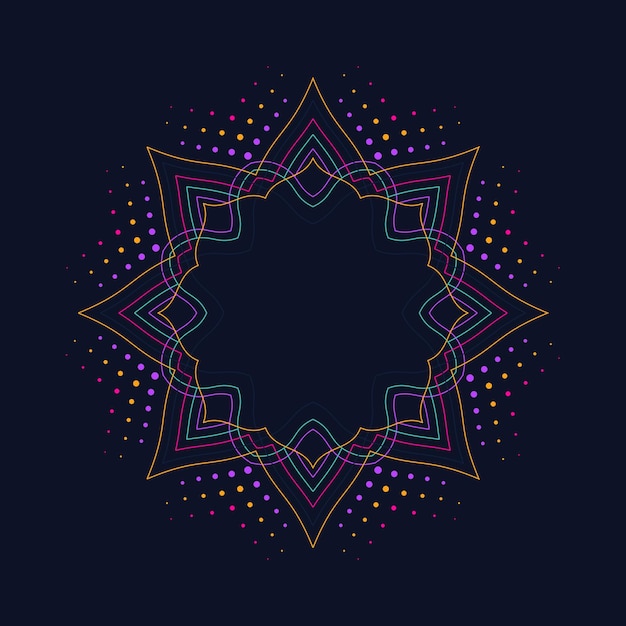 Neon lotus flower on dark blue background round decorative border frame of lines and dots