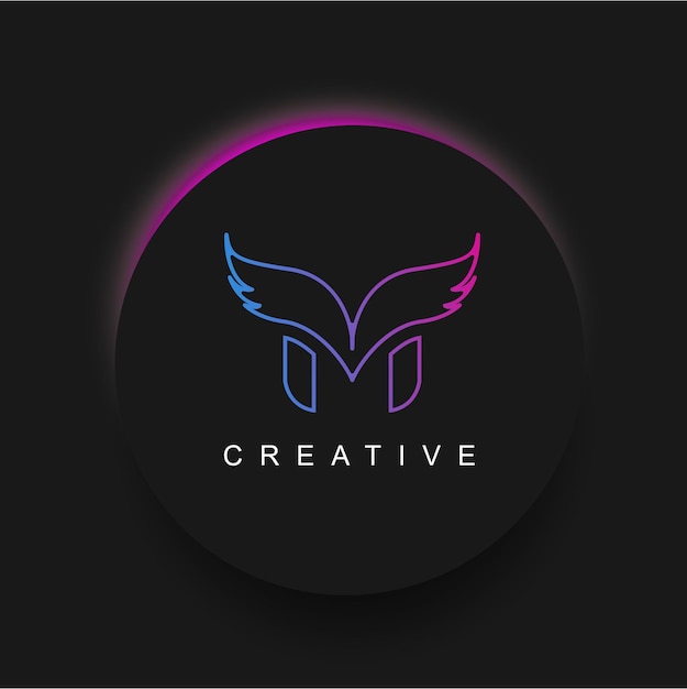 Neon M Letter Logo Icon Design with Creative Wing in Blue Purple Magenta Colors.