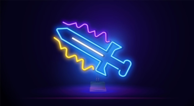 Vettore magia al neon spada incandescente armi fredde con un bagliore scintilla spada luce al neon segno vettore luminoso luminoso...