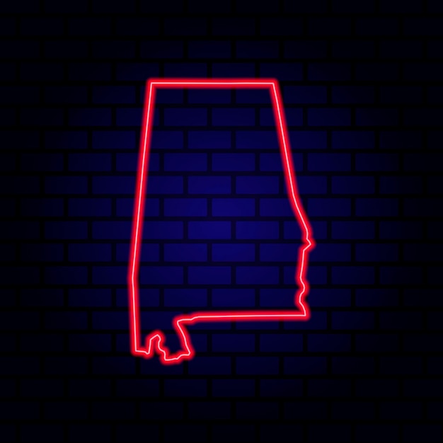 Neon map State of Alabama on brick wall background