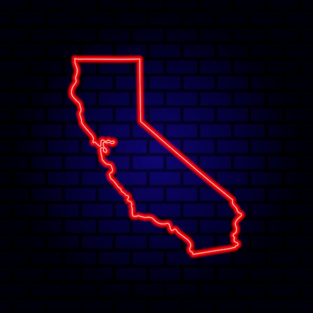 Neon map State of California on brick wall background