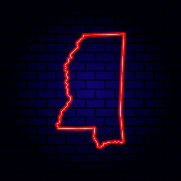 Neon map State of Mississippi on brick wall background