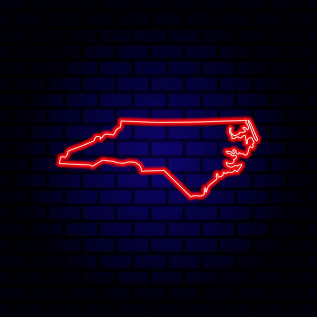 Neon map State of North Carolina on brick wall background