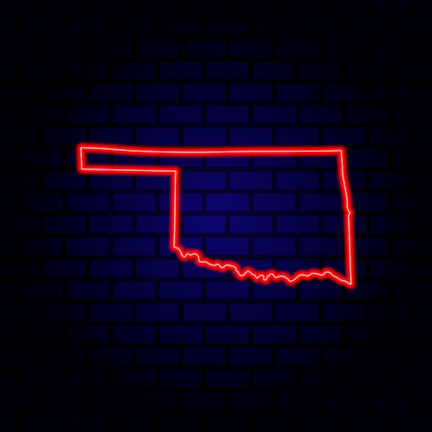 Mappa al neon dello stato dell'oklahoma sullo sfondo di un muro di mattoni