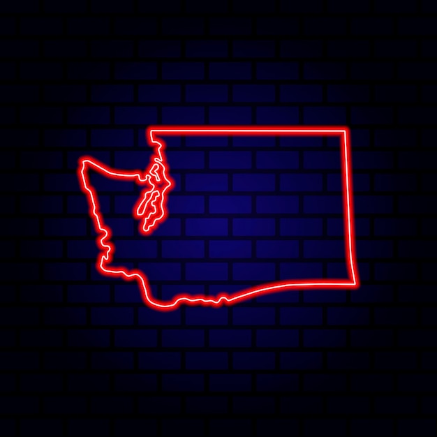 벽돌 벽 배경 에 있는 워싱턴 주 의 네온 지도