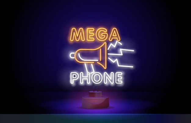 Neon megafoon aankondiging promotie reclame ontwerp nacht heldere neon teken kleurrijke billboard l...