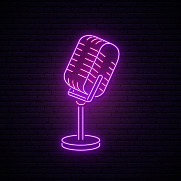 Neon microphone sign glowing microphone icon