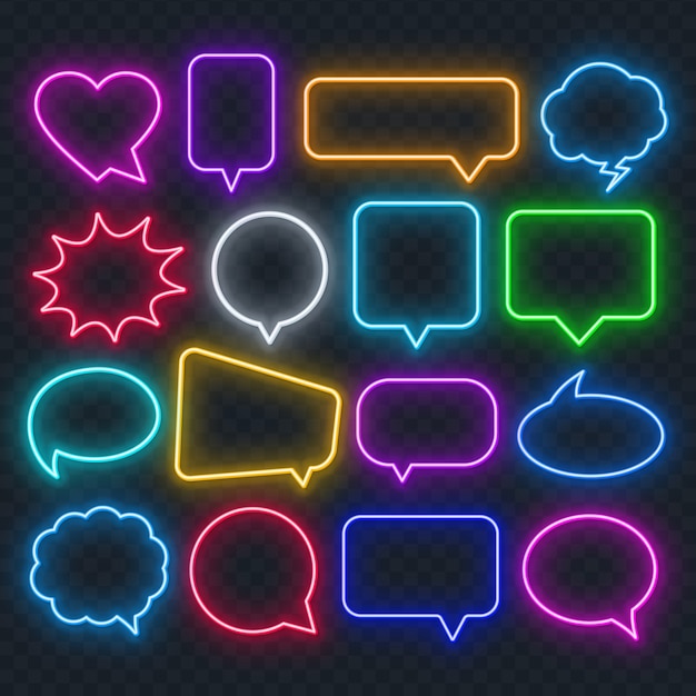 Neon multicolored speech bubble on a transparent background. bright light frames for quotes and text.