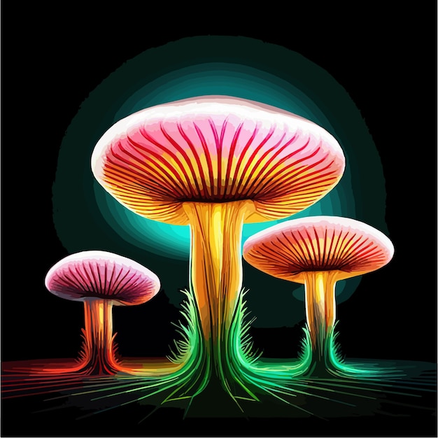 Vettore funghi al neon in una foresta oscura di notte piante mistiche di colore brillante illustrazione vettoriale