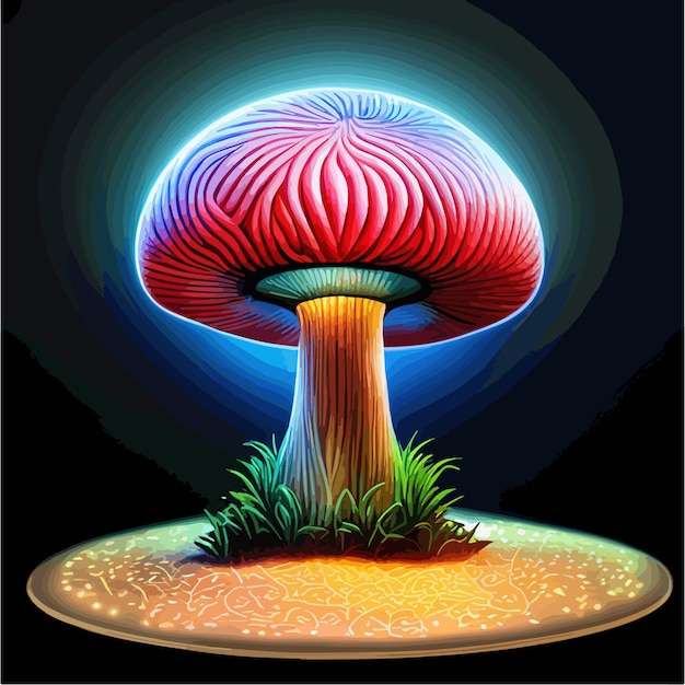 Neon mushrooms in a dark forest at night bright color mystical plants vector illustration