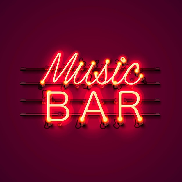 Vector neon music bar signboard on the red background.