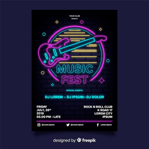 Vector neon music festival poster template