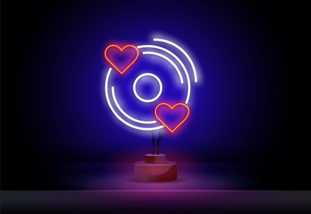 Neon muziek record neon schijf met harten pictogram geïsoleerd op zwarte achtergrond Love St Valentine Day romantiek concept Vector 10 EPS-afbeelding