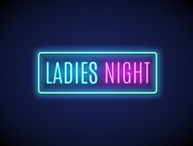 Neon nacht dame mode uitnodiging teken partij flyer. roze bar of club voor de typografie van de meisjesdiscopartij.