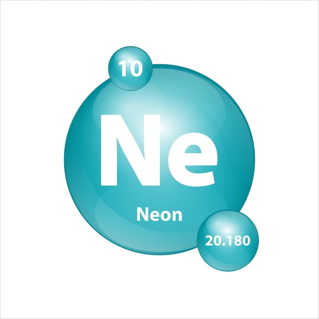 Vector neon ne icon structure chemical element round shape circle green dark blue with atomic number.