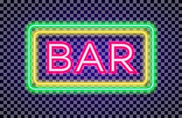 Vettore insegna al neon bar notturno con cornice luminosa colorata di colore giallo e verde su sfondo trasparente per la festa di poster di negozio bar ristorante illustrazione vettoriale 10 eps