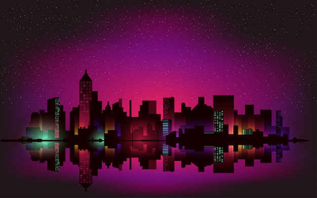 Vector neon night city landscape background