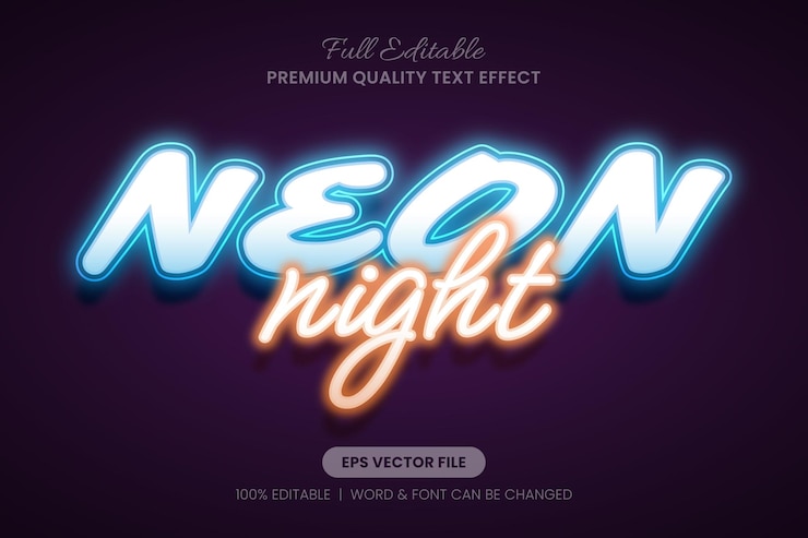 Vector neon night glow editable text effect font style