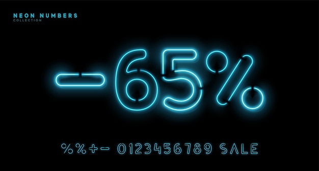 ネオンの数字。バックライトが光る明るい記号のセット。 1、2、3、4、5、6、7、8、9、0 パーセント記号。割引販売。リニア ライト ガーランド ブルー色。ベクトル図