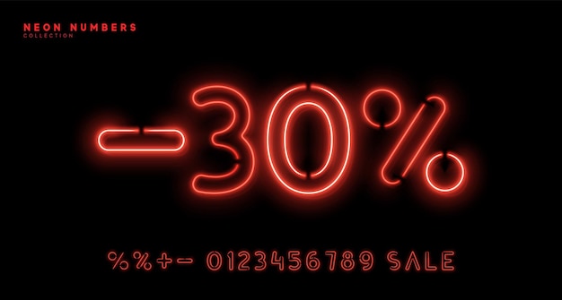 Neon numbers. Bright set of symbols with glowing backlight. 1, 2, 3, 4, 5, 6, 7, 8, 9, 0 percent sign. Discount sale. linear Light garland red color. Vector illustration