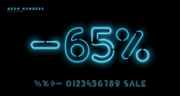 Neon nummers. Heldere set symbolen met gloeiende achtergrondverlichting. 1, 2, 3, 4, 5, 6, 7, 8, 9, 0 procentteken. Korting verkoop. lineaire lichte guirlande blauwe kleur. Vector illustratie