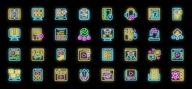 ネオンオンライン教育アイコン 遠隔学習プラットフォームで勉強する学生