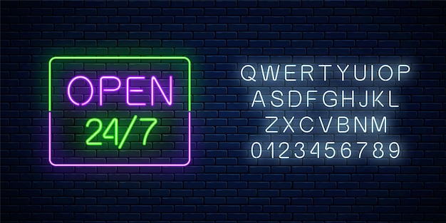 Neon open 24 hours 7 days a week sign in rectangle shape with alphabet