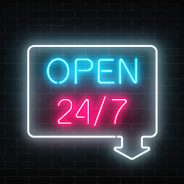 Neon open 24 uur 7 dagen per week ondertekenen in geometrische vorm met pijl op een bakstenen muur