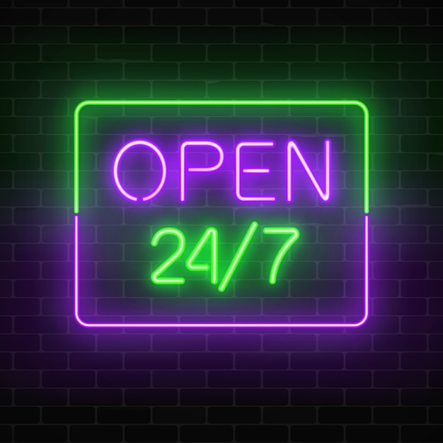 Neon open 24 uur 7 dagen per week teken in rechthoekige vorm op een bakstenen muur