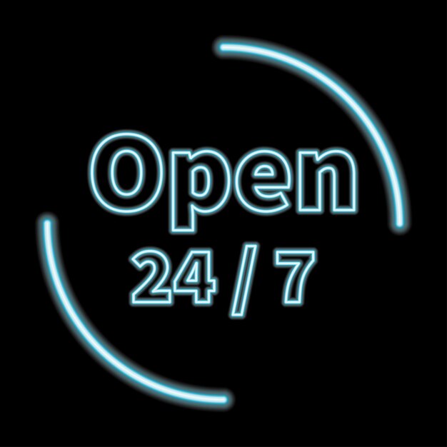 Vector neon open 24 uur 7 dagen teken in cirkelvorm op donkere achtergrond de klok rond werkende bar of winkel uithangbord met belettering vectorillustratie