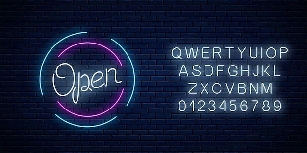 Neon open teken in cirkelvorm met alfabet op een bakstenen muurachtergrond. de klok rond werkende bar of winkel uithangbord met belettering. vector illustratie.