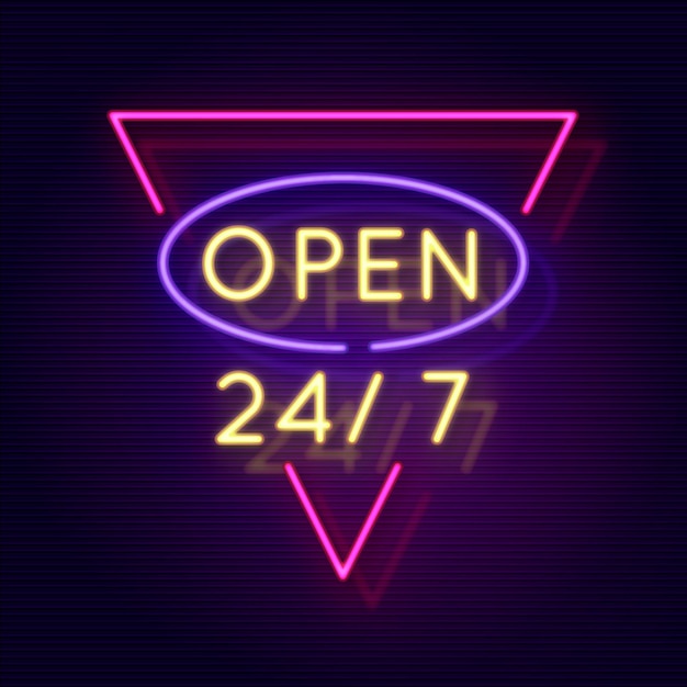 Vector neon open twenty-four hours sign