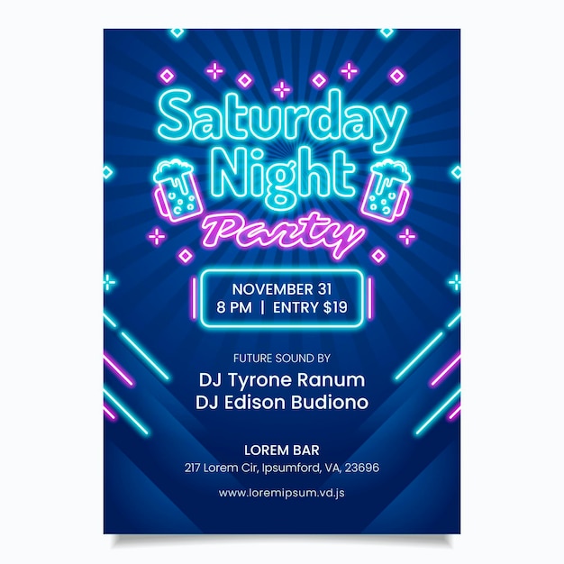 Neon party poster design template