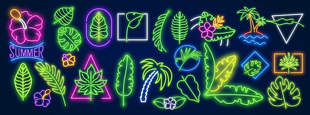 Neon pattern summer Palm trees sea sun island A bright pattern of neon Tropical neon frames Bright glowing leaves cyber flower frame and leaves in a vector background of neon lights