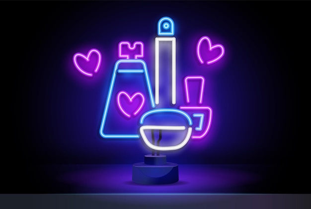 Neon perfume bottle glowing icon vector illustration of perfume flacon with heart and backlight in n...