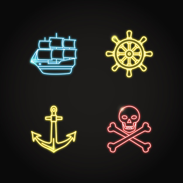 Набор неоновых пиратских и морских иконок