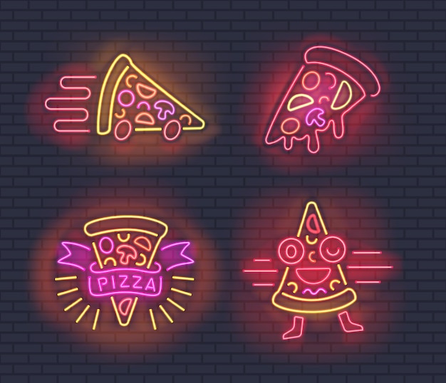 Vector neon pizza slices for pizzerias design on brick wall