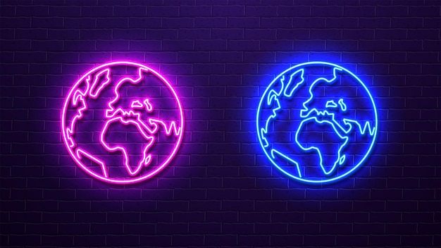 Neon planet earth in blue and pink on the background of a brick purple wall globe icons