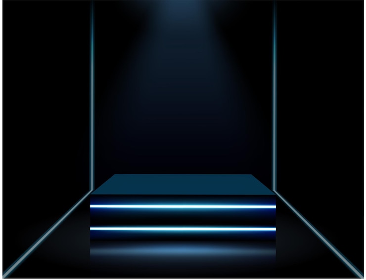 Vector neon podium blue background futuristic pedestal for display blank podium for product 3d rendering