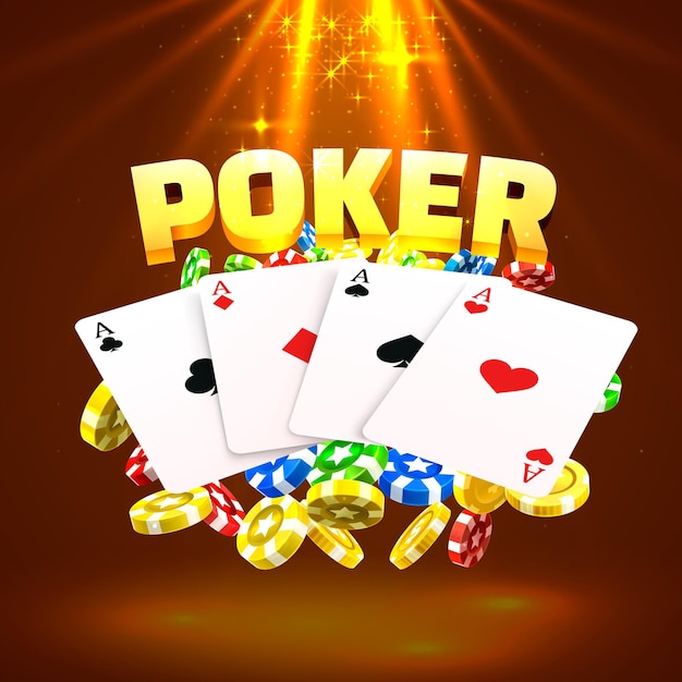 Banner di casinò con fiches e carte da poker al neon. isolato su fondo oro. illustrazione vettoriale