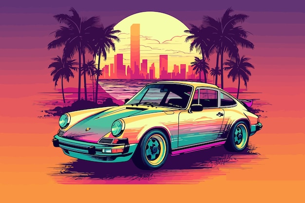 ベクトル ネオン ポスター ポルシェ 911 スポーツカー ベクトル イラスト 自動車 スポーツカー レースカー 現代のスポーツカー 高級車のスピード レース