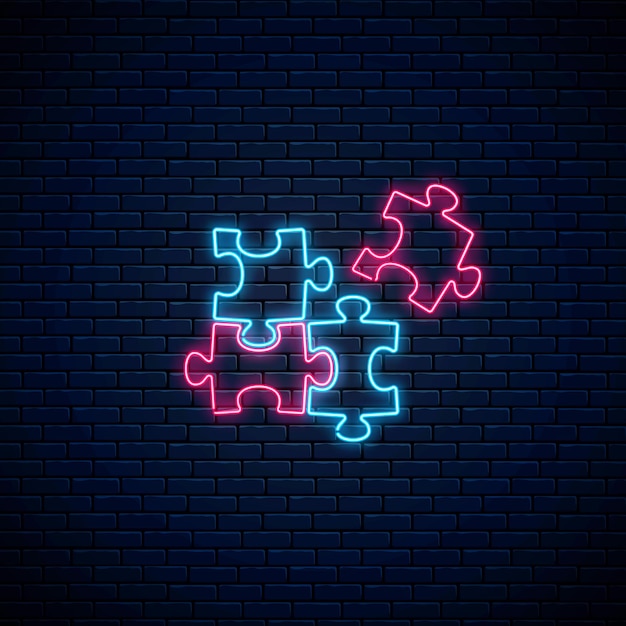 Vettore pezzi del puzzle al neon risolvi il gioco del puzzle simbolo del gioco del pensiero icona al neon incandescente del concetto logico