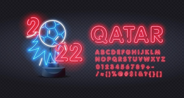 네온 스타일의 알파벳이 있는 네온 카타르 2022. 축구 대회, 축구 컵, 배경 디자인 서식 파일, 벡터 일러스트 레이 션, 2022