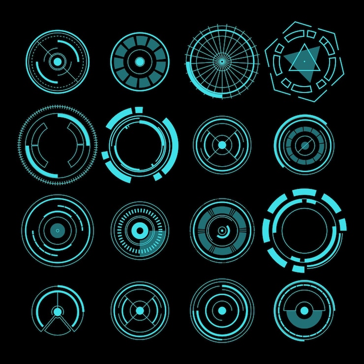 Vector neon radar virtual interface digital game viewfinder gps technology circle target ui hud screen aim snipers tech crosshair futuristic graphic bar ai button cyber vector elements set