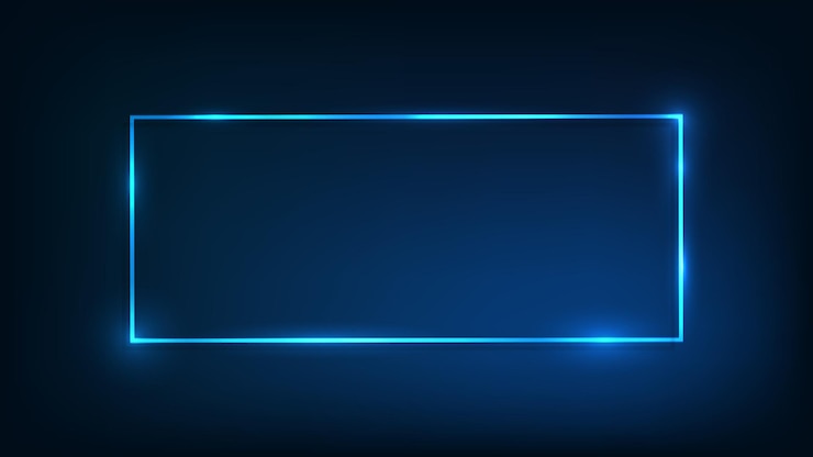 Neon rechthoekig frame met glanzende effecten op donkere achtergrond. Lege gloeiende techno achtergrond. Vector illustratie.