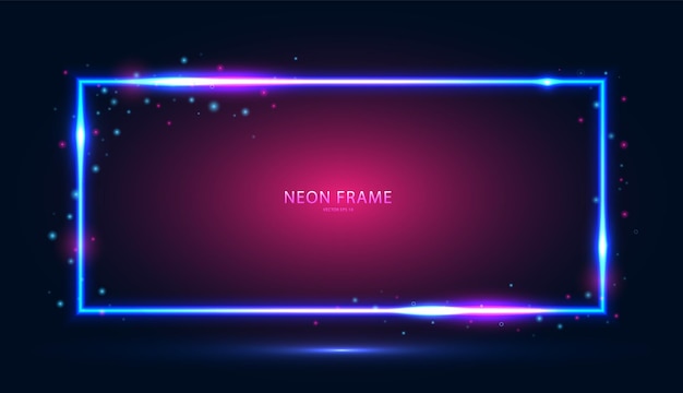 Vector neon rectangular frame with shining effects and highlights on a dark bluepink background