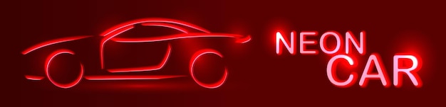 Neon red car vector logo illustrazione automatica lineare su sfondo nero