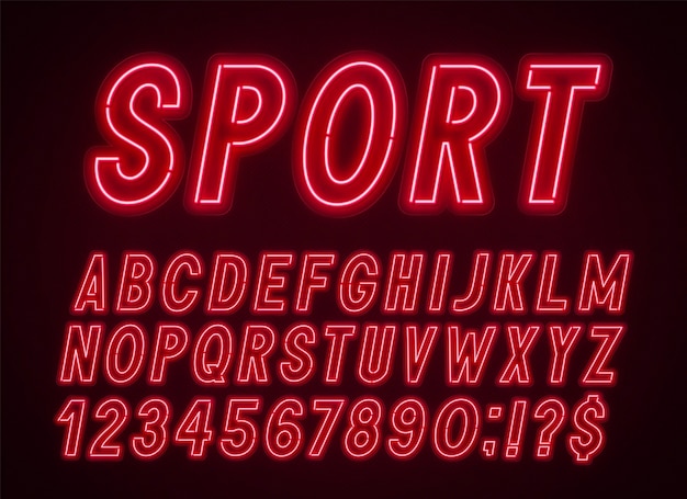 Vector neon red font light alphabet with numbers