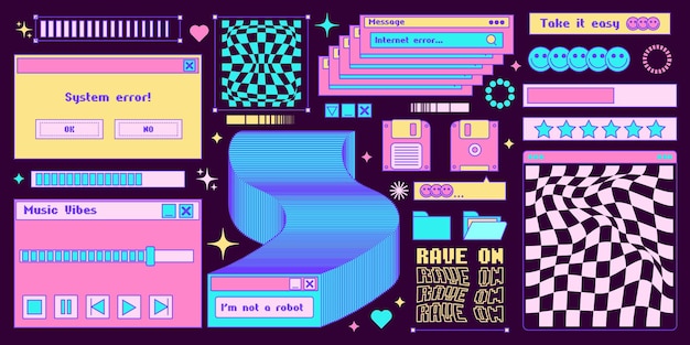 Neon retro pc elements user interface psychedelic mood in trendy retro style 2k rave Vector illus